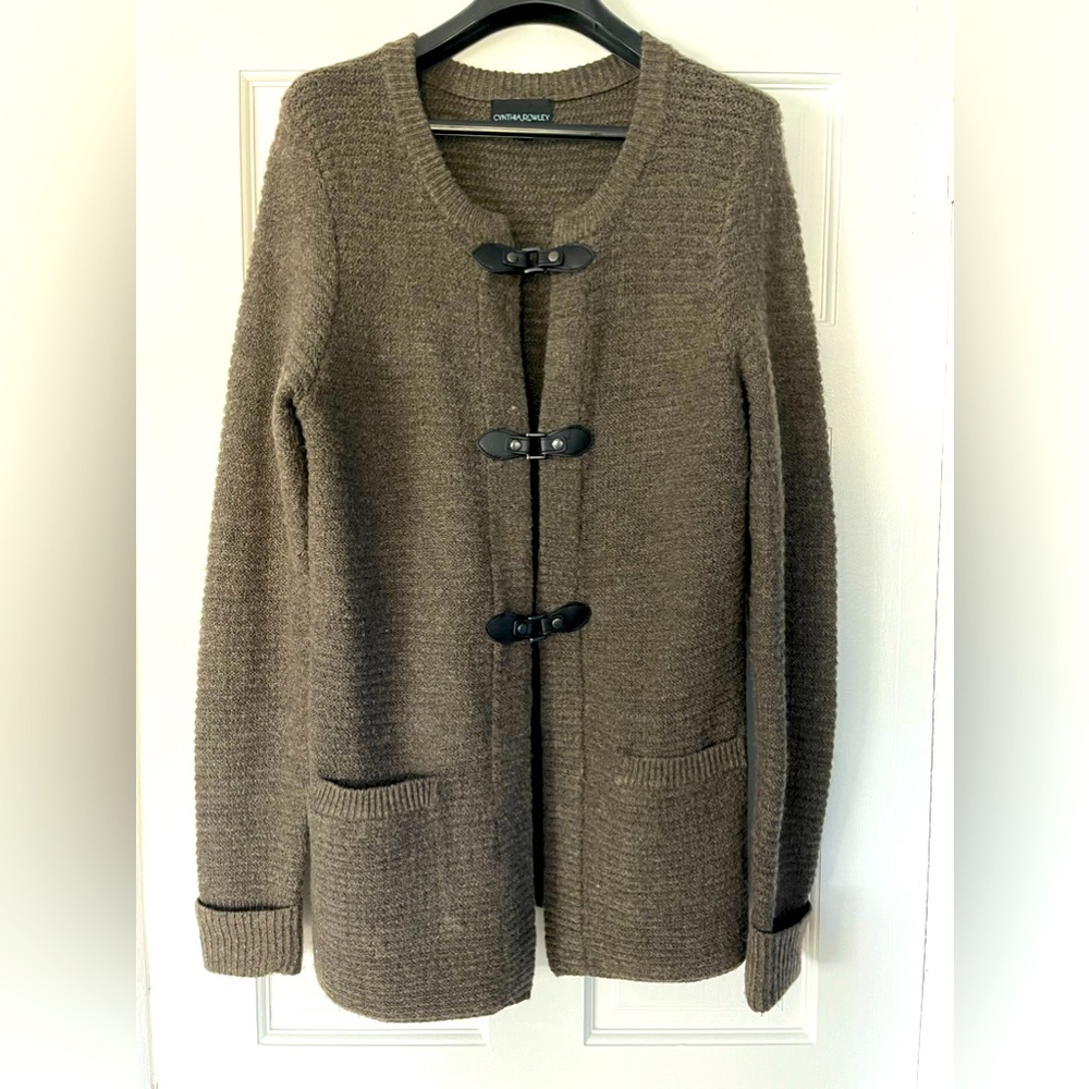 Cynthia Rowley cable Knit Sweater cardigan with snap metal and leather closure.